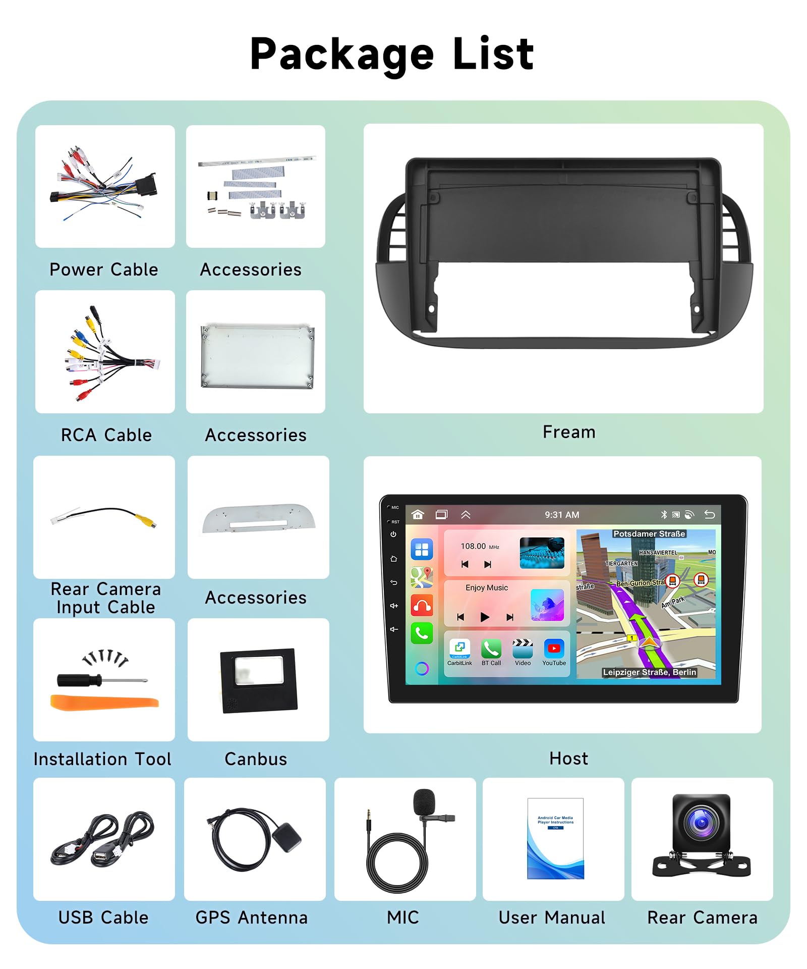 6G 128G VECHTEL 9"Autoradio Bluetooth per FIAT 500 2007-2015 Carplay Android Auto Wireless,Android 15,DSP EQ,1280 * 720,Wifi GPS Navi,Mirror link,RDS/FM Radio con Retrocamera AHD