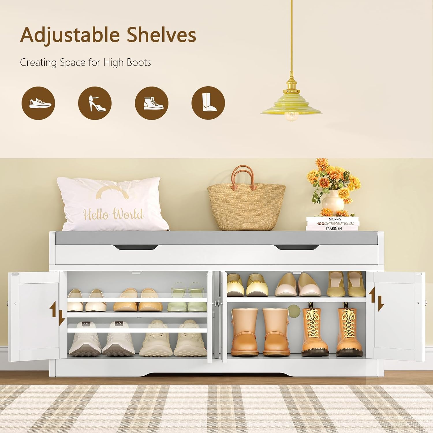usikey 3-Tier Storage Bench, 47.2" Wide Shoe Bench with Lift Top Storage & 2 Adjustable Shelves, Entryway Bench with Padded Seat Cushion, 4 Doors, Shoe Cabinet Bench for Entryway, Living Room, Bedroom