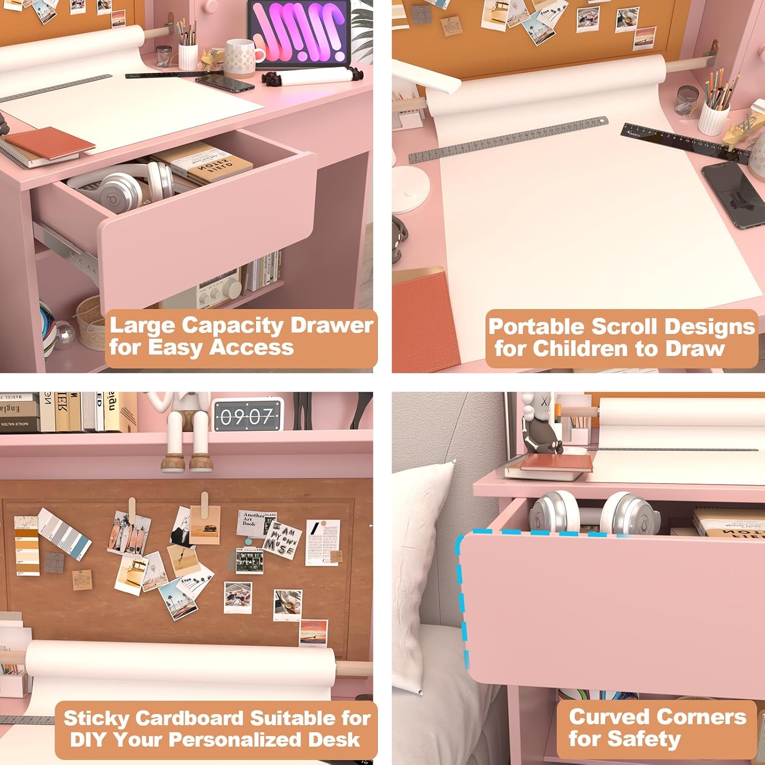 Pink Kids Desk and Chair Set for 5-12 Year Old, Childrens Drawing Desk with Wooden Tabletop Paper Roll Dispenser, Kids Study Table with Drawers and Storage Shelf-mE35