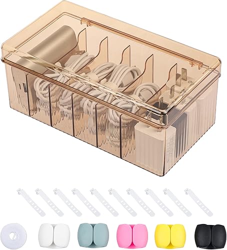 Tahaje Caja de almacenamiento de cables de plástico con tapa funda organizadora de cables grande con correas de alambre para suministros de oficina