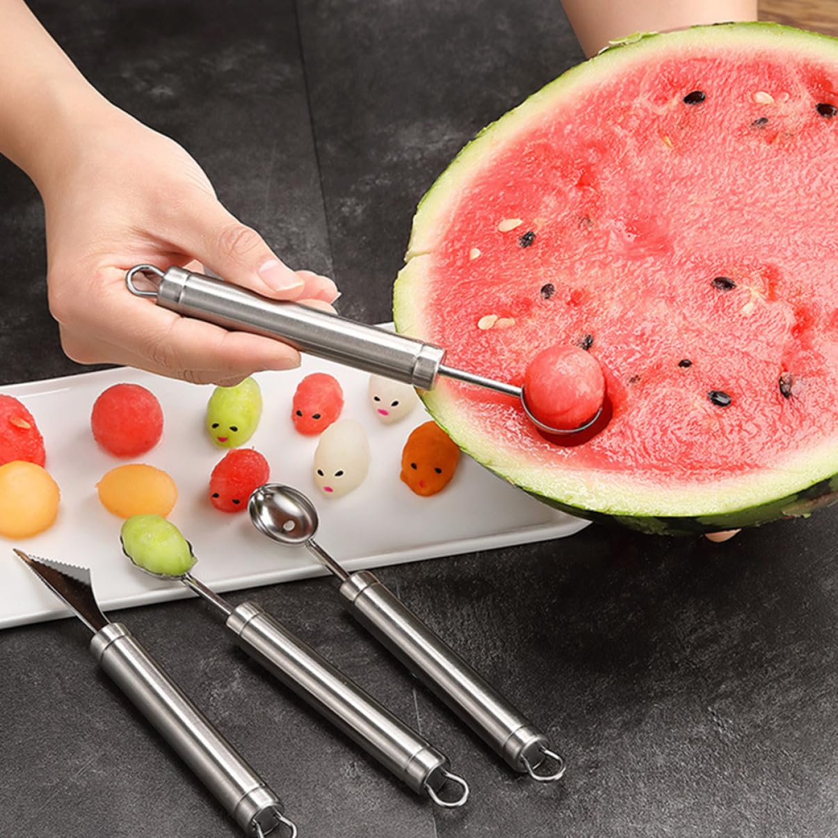4 Stück Obstausstecher aus Edelstahl für Melonen, Silber | Kugellöffel für Obst, 304 Stück Edelstahl, Angenehmer Griff, Einfache Handhabung, für Küche und Dessert