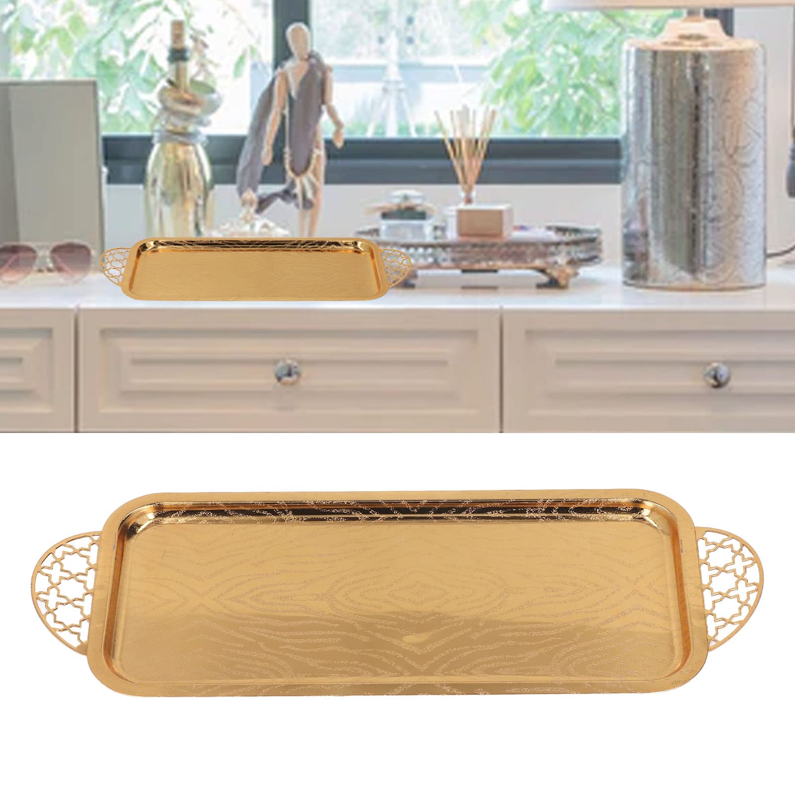 Vassoio da portata in acciaio inox con manico rotondo, 35 x 13 cm, finitura lucida, ideale per dessert nordici, tè, frutta, gioielli, elegante decorazione per la casa