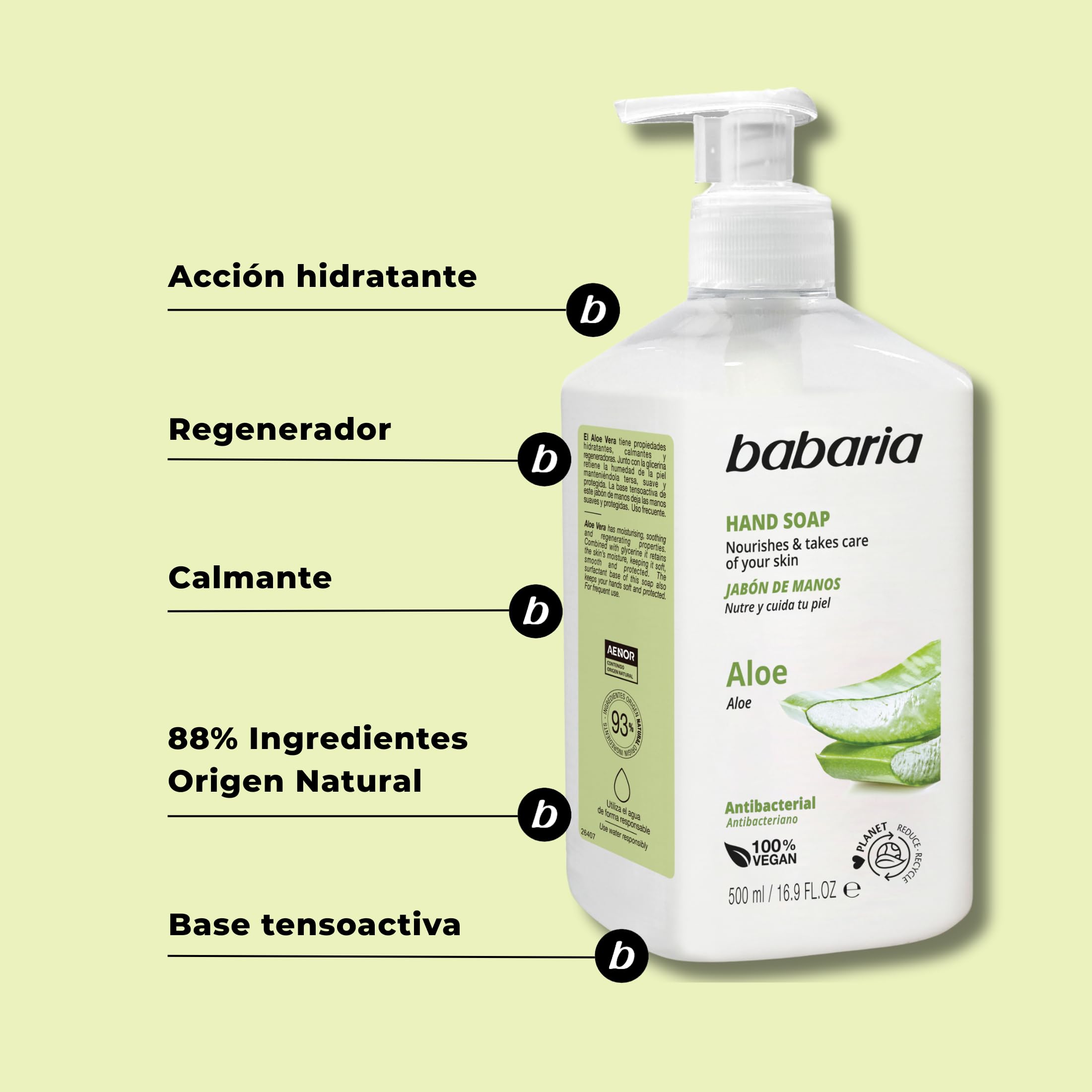 Babaria - Jabon De Manos Con Aloe Vera | Jabon Manos De 500ml | Jabón De Manos Que Hidrata Y Cuida Tu Piel | Gel De Manos De Origen Natural | Jabón Manos Con Glicerina