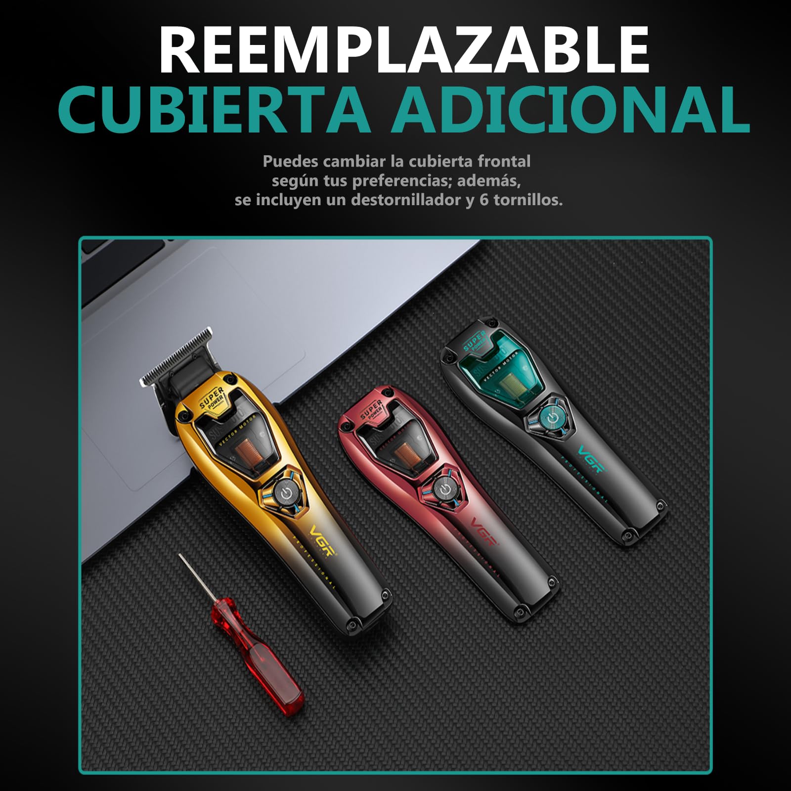 VGR 668 T Maquina Cortar Pelo hombre, Cortapelos, Motor Vectorial 11000 RPM | Recortador de Precisión con 4 Peines Guía, Carcasa Intercambiable, Carga USB