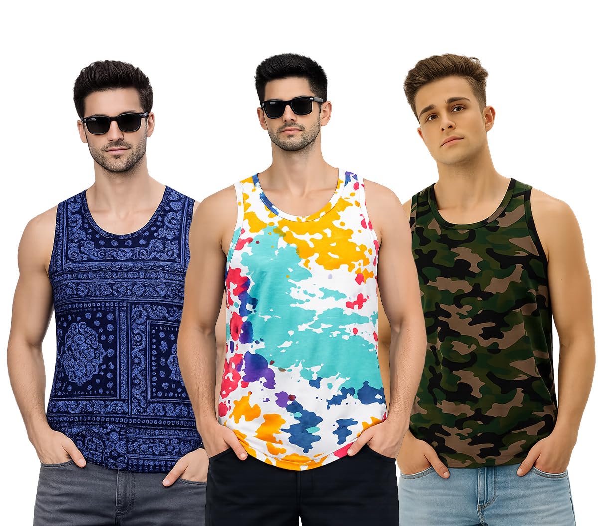 veirdo Men’s Sleeveless Cotton Tank Tops, All-Over Printed Design Vests for Beach Wear, Casual & Summer Comfort, Comfortable Fabric (Sizes S to 2XL) (Pack of 3)-picture-27