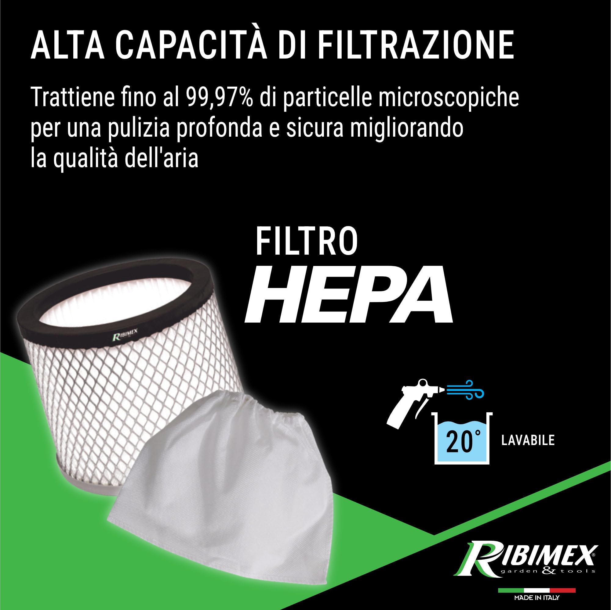 Ribimex Aspiracenere Elettrico Professionale Cenetop PRO, Pulizia Automatica del Filtro HEPA, Bidone da 30 L, Potenza 1200 W, per Pulizia Intensiva di Stufe e Camini, Funzione Soffiante - PRCEN014PRO