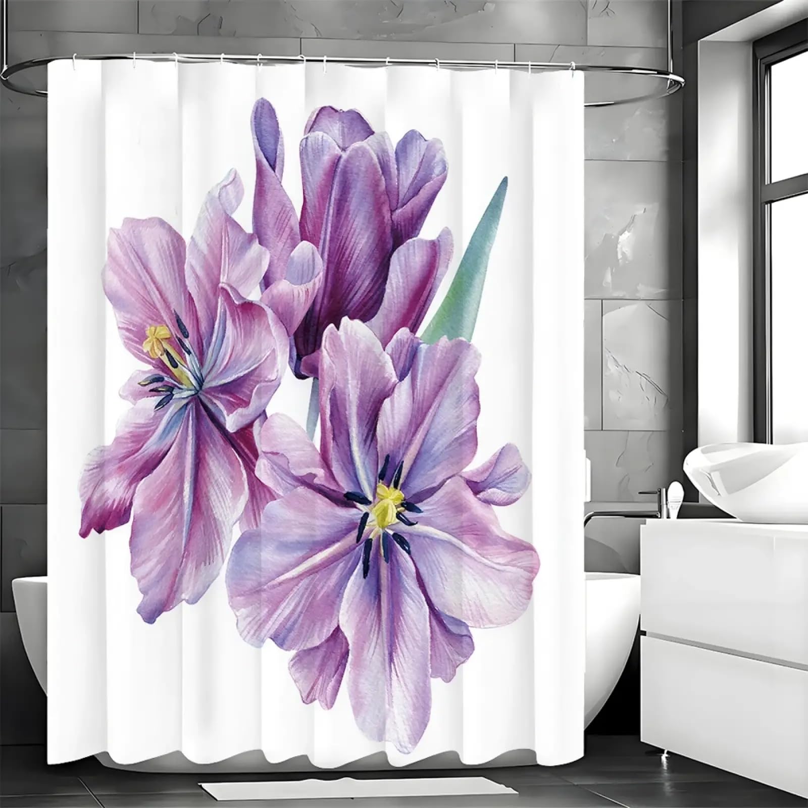 Tenda da doccia con motivo floreale ad acquerello viola, divisorio decorativo per vasca da bagno, tessuto in poliestere impermeabile con ganci 280x200 cm/110x79 pollici (LxA) Blu