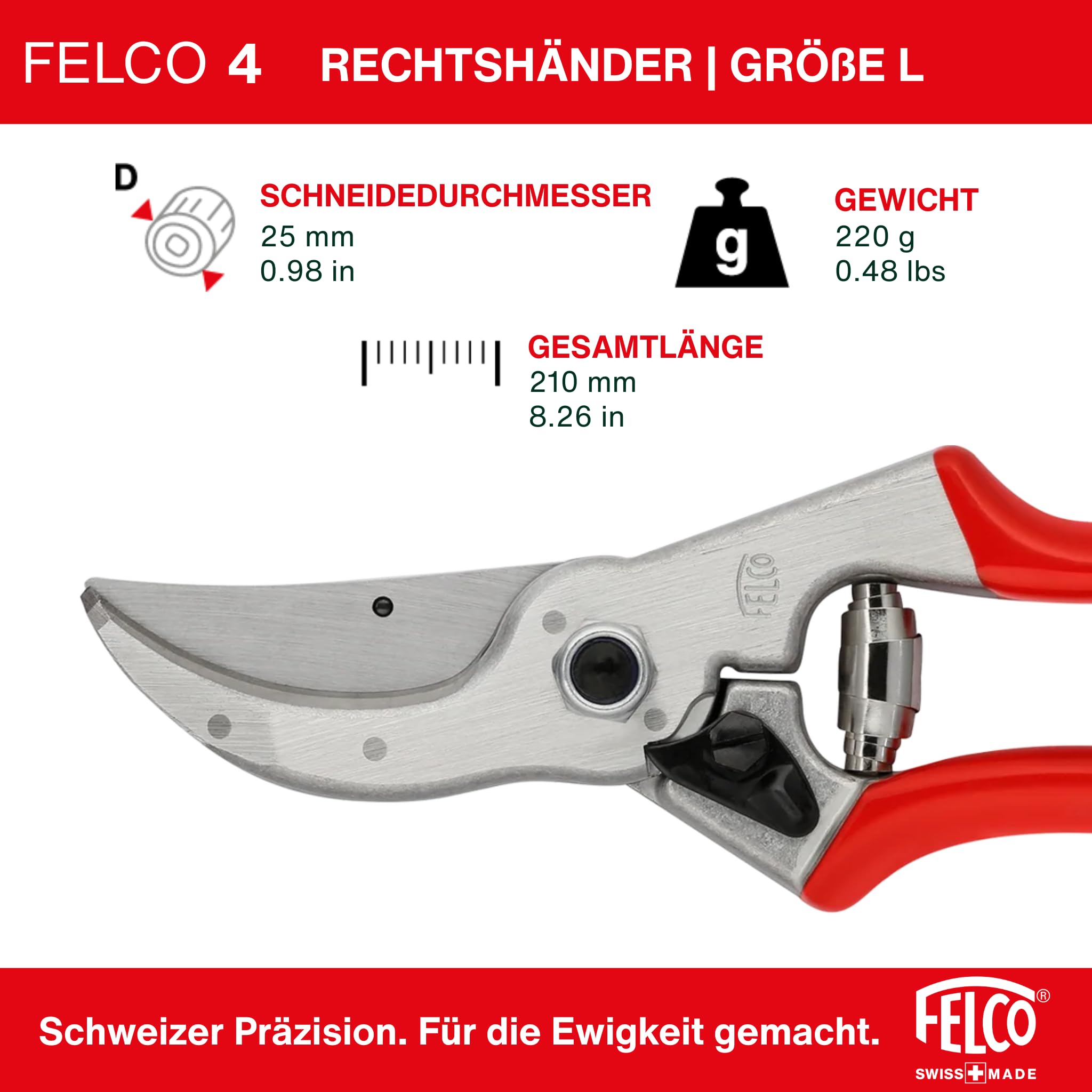 FELCO 4 Bypass-Gartenschere für Rechtshänder mit großen Händen, 25 mm