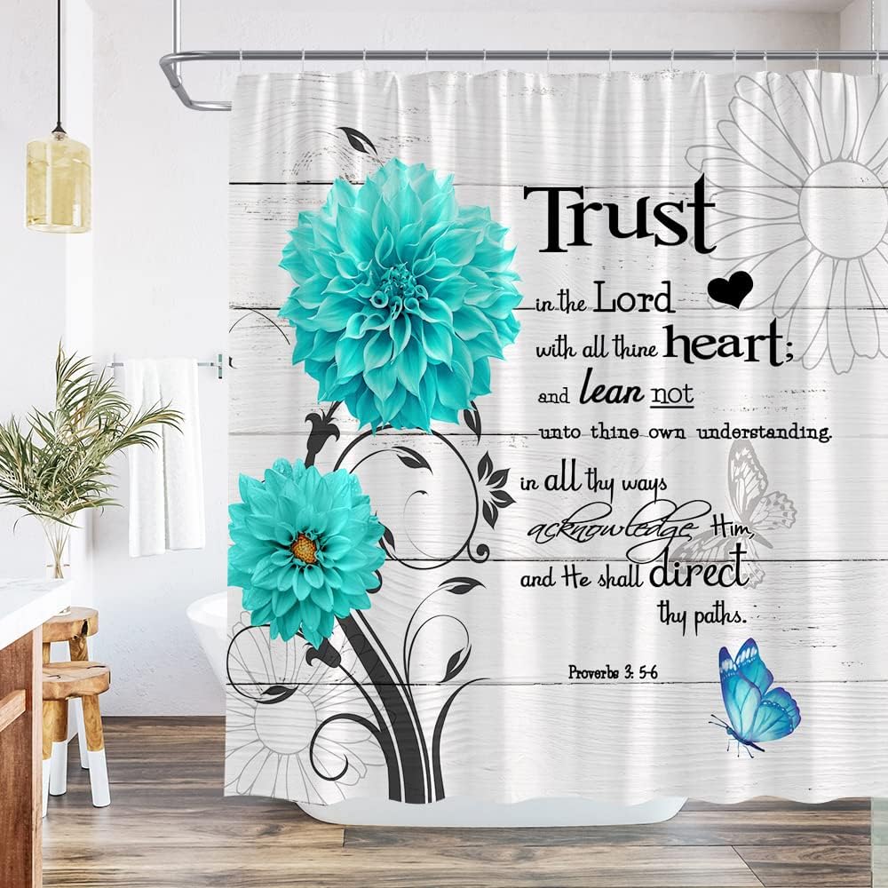 Inspirational Quote Shower Curtain Teal Dahlia Flower Butterfly Trust in The Lord with All Thine Heart Motivational Wooden Plank Decor Fabric Bathroom Set with Hooks 84Wx70H Inch