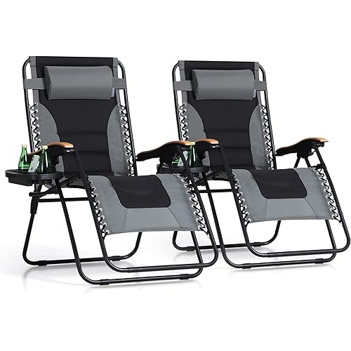 PHI VILLA XXL Oversized Padded Zero Gravity Chair, Foldable Patio Recliner, 30" Wide Seat Anti Gravity Lounger with Cup Holder, Set of 2, Support 400 LBS (Gray)