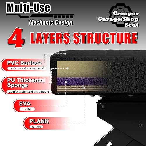 Miniatura 6 de Taburete mecánico con ruedas, taburete hidráulico ajustable para taller, silla rodante de trabajo de garaje para taller, capacidad de 400 libras,