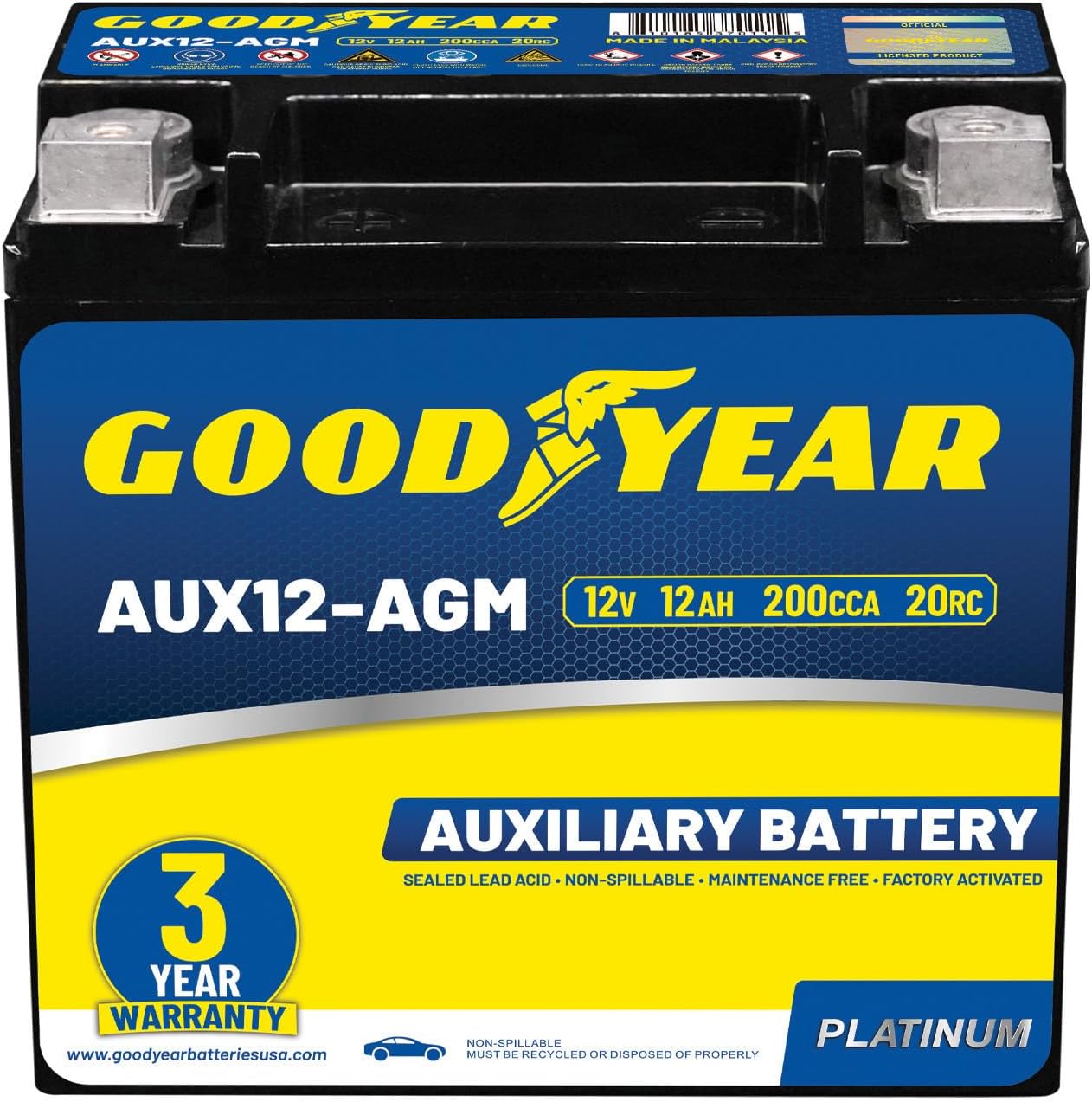 Goodyear AUX12-AGM 12V 12 AH, 20RC, 200 CCA Platinum series Rechargeable AGM Maintenance Free Auxiliary Battery