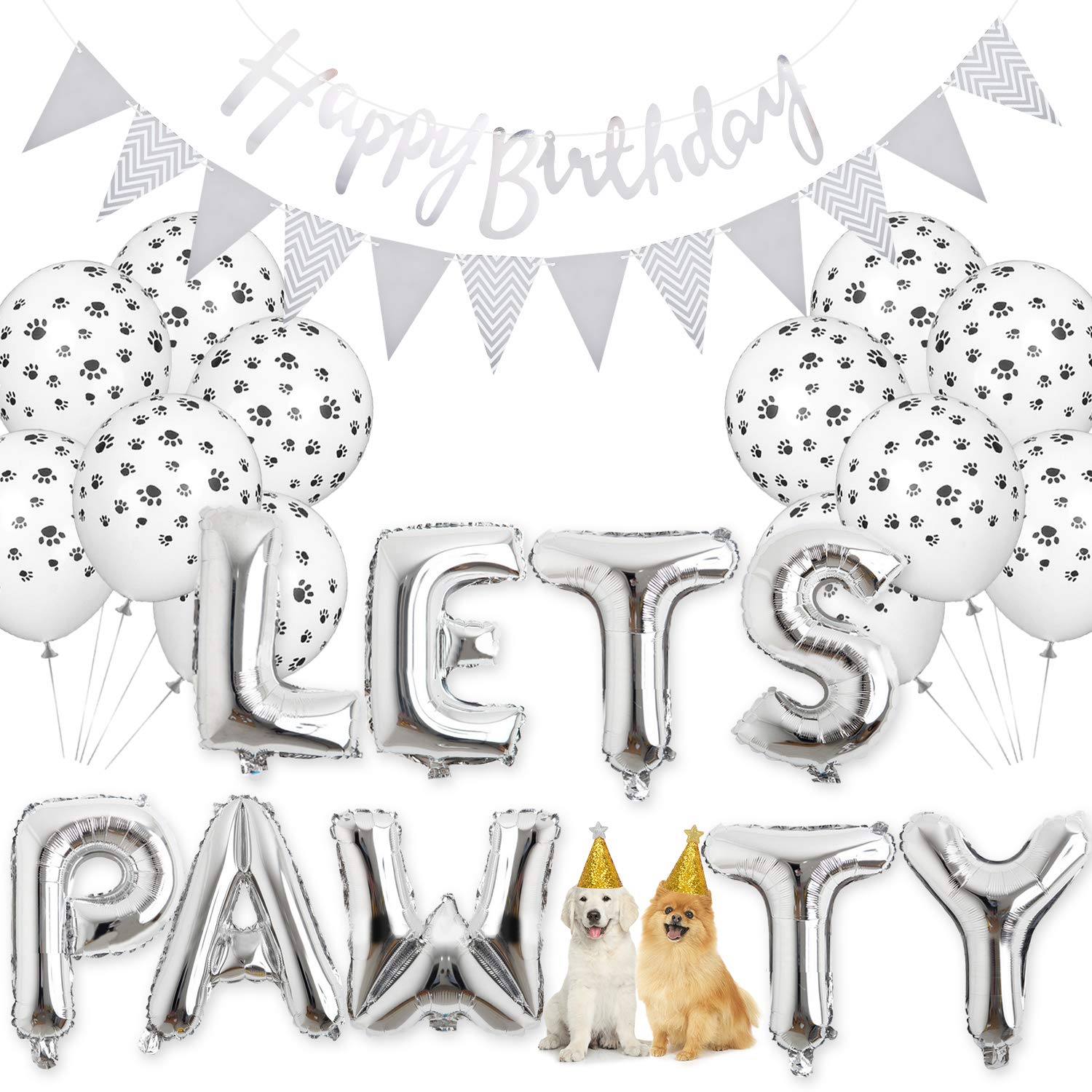LegendogDog Birthday Party Supplies Dog Paw Print Balloons Cat Birthday Hat Happy Birthday Banner Foil Balloons Lets Pawty Letters Balloons Decorations (Silver)