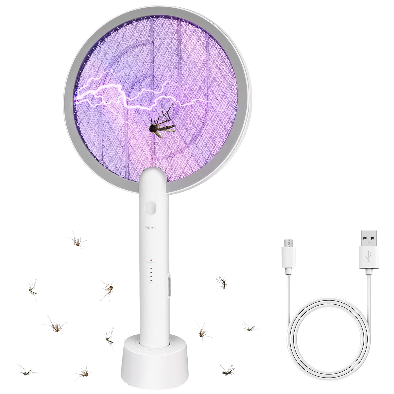 Racchetta scacciamosche elettrica 2 in 1, racchetta insetticida e lampada antizanzare, ricaricabile tramite USB, con batteria da 1200 mAh, per interni ed esterni, casa, cortile, patio, campeggio