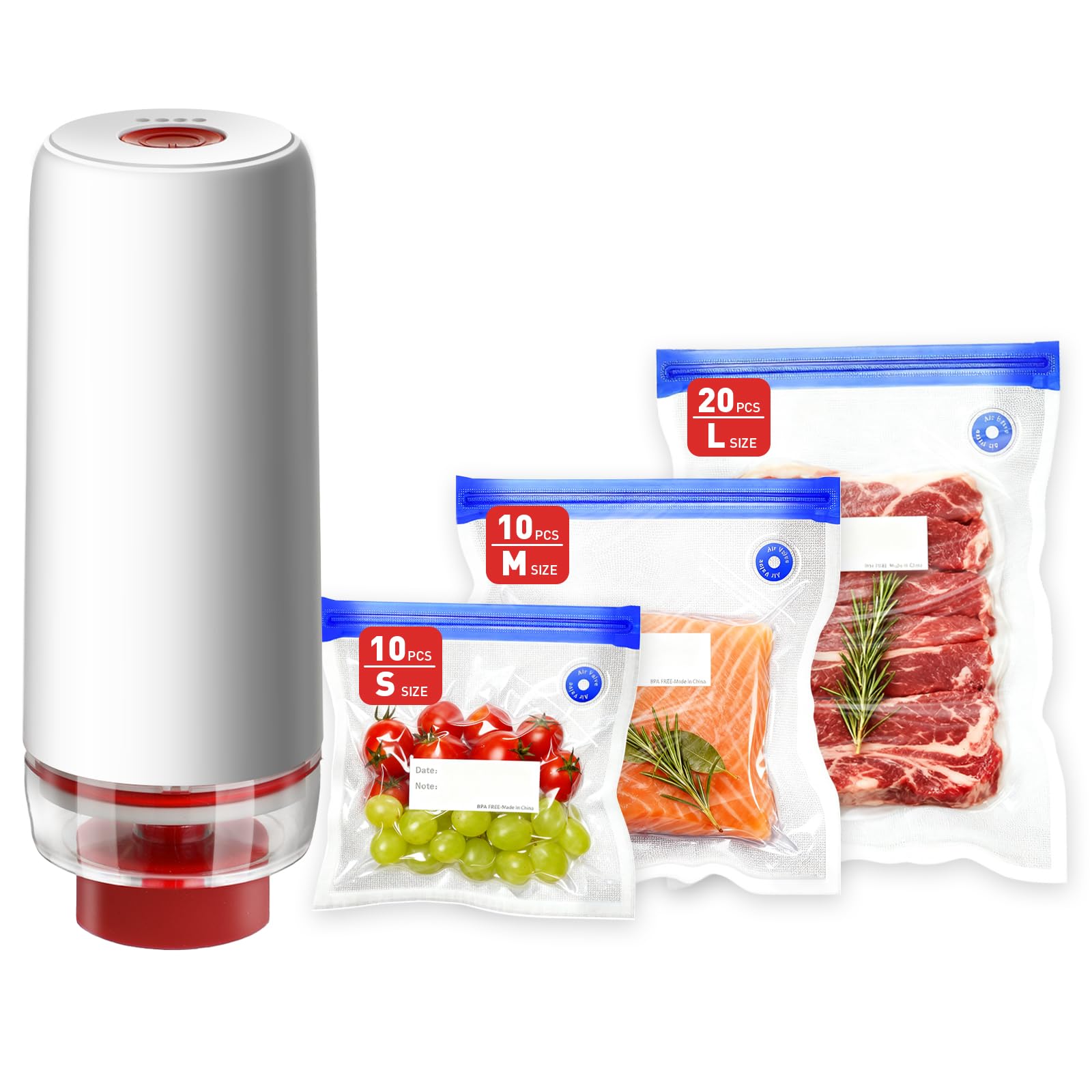 Portable Vacuum Sealer Set, Compact Handheld Vacuum Sealer Machine + 40 Pcs Reusable Vacuum Bags for Food Storage, Sous Vide Cooking, Freezer, Microwave Heating