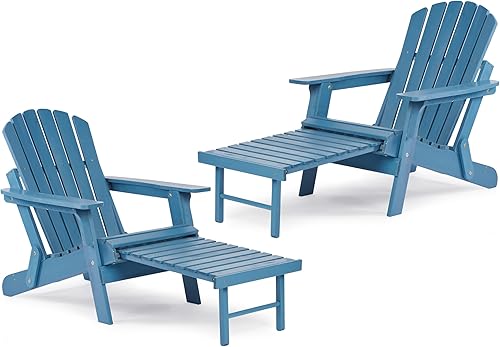 Juego de 2 sillas Adirondack plegables de madera de gran tamaño para exteriores con otomana retráctil, respaldo y tabla de asiento premontados,