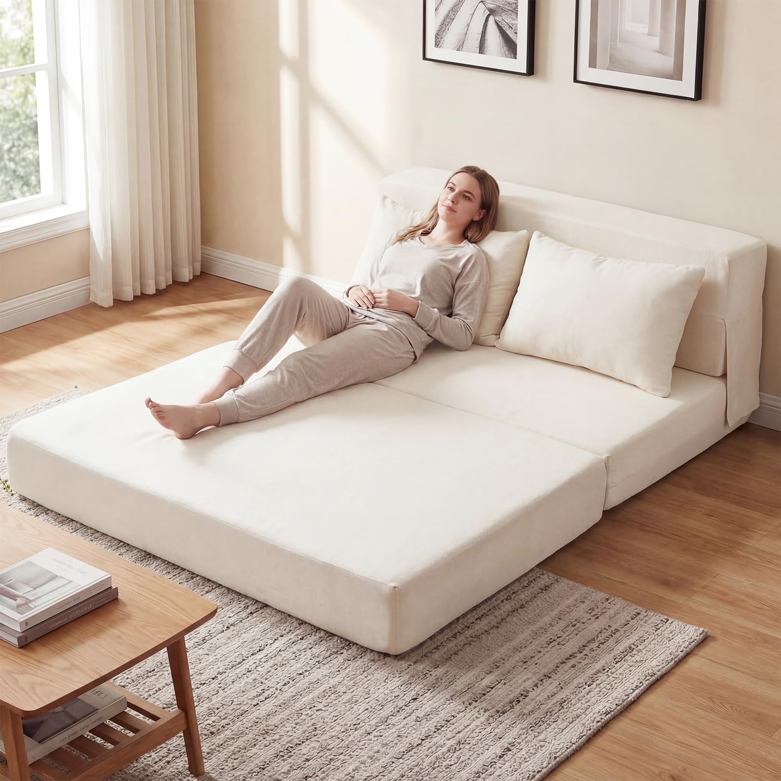 COSTWAY 3 en 1 Canapé Convertible 2 Places Pliant (Beige)