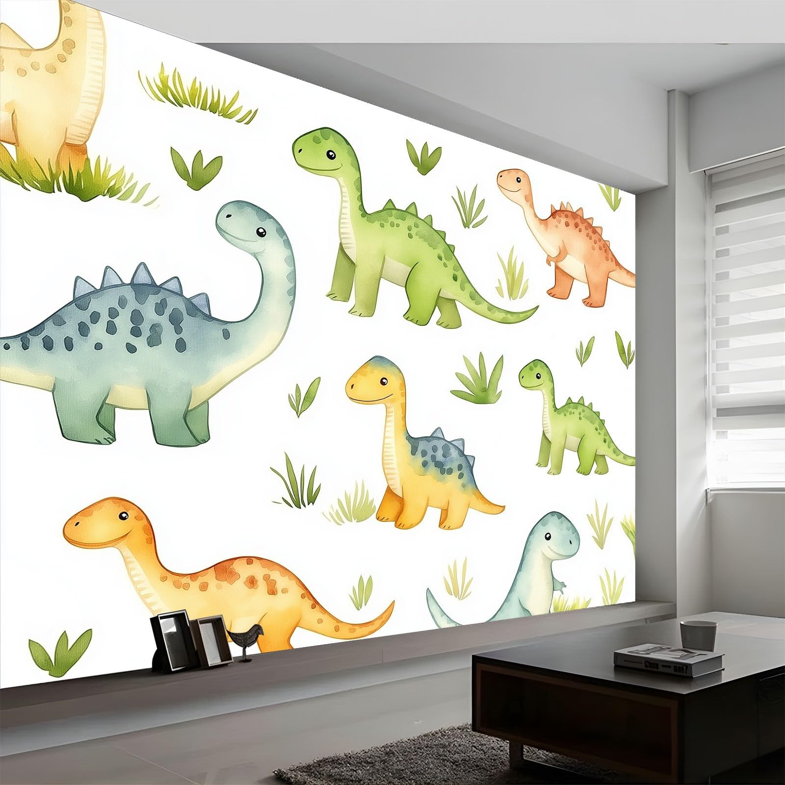 Urocze zwierzęta, dinozaury, łąki, flizelina, fototapeta, biała, 300 x 210 cm, dekoracyjny mural ścienny, plakat do sypialni dziecięcej, salonu lub telewizora, pokrycie ścian
