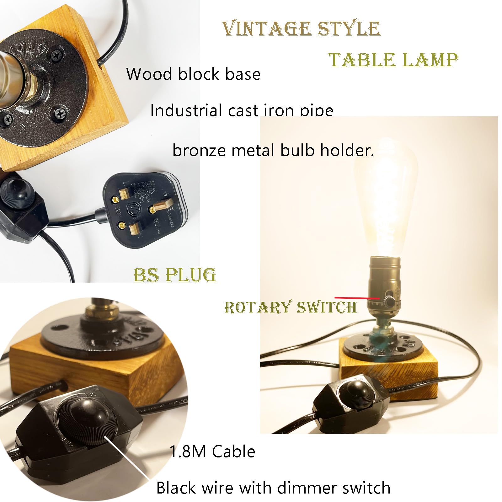 Y.W.Licht E27 Base Table Lamp with Plug Dimmable 1,8 Meter Cable with Switch E27 Lamp Holder Wooden Base for Home Lighting Decor Max.60W Vintage Industrial Bedside Lamp (No Bulb) - Image 3