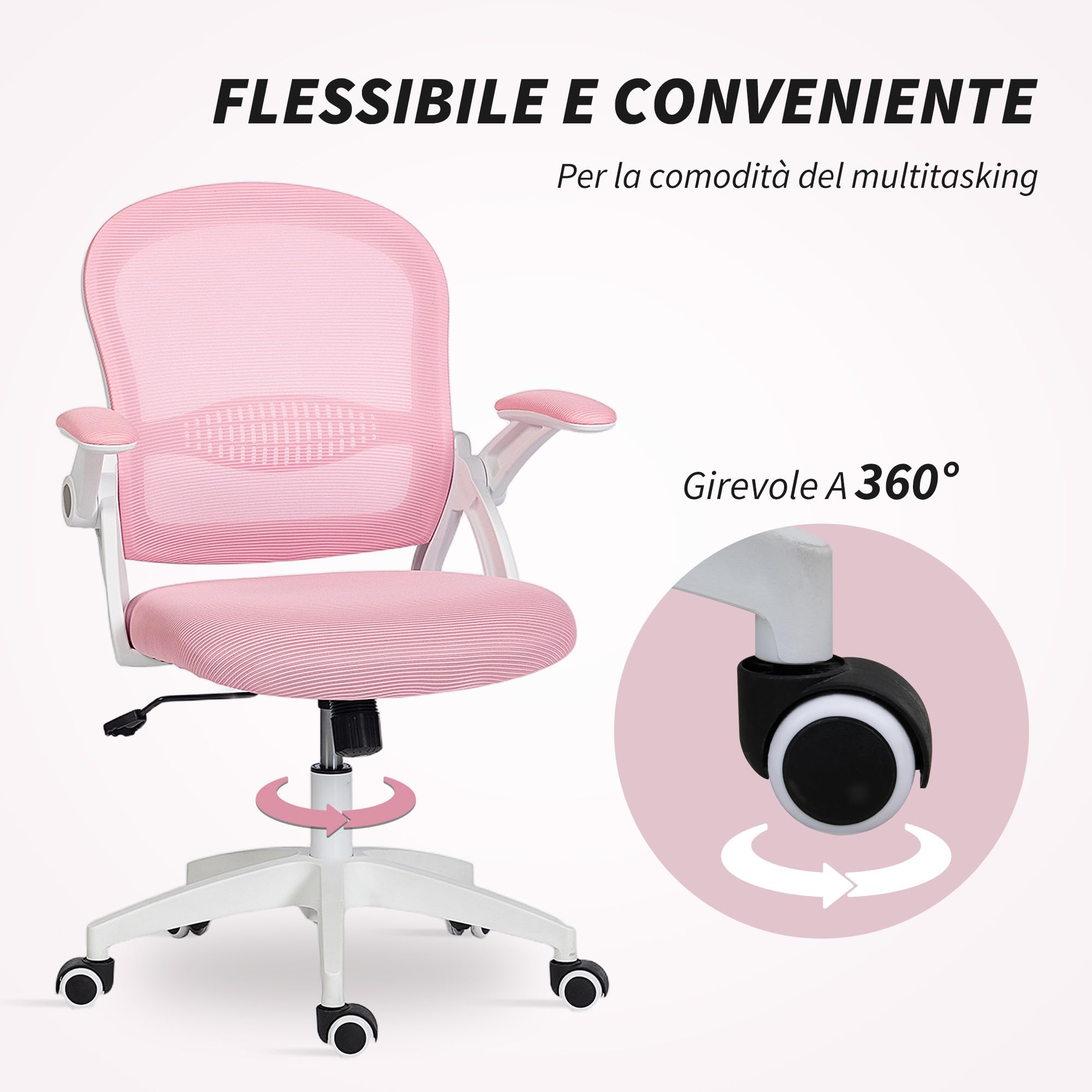 Vinsetto Sedia Ufficio con Funzione Dondolo, Braccioli Regolabili, Rosa | Altezza Regolabile, Sedia Scrivania con Schienale a Rete, Ruote, Seduta Imbottita, 65.5x61.5x88-97.5 cm