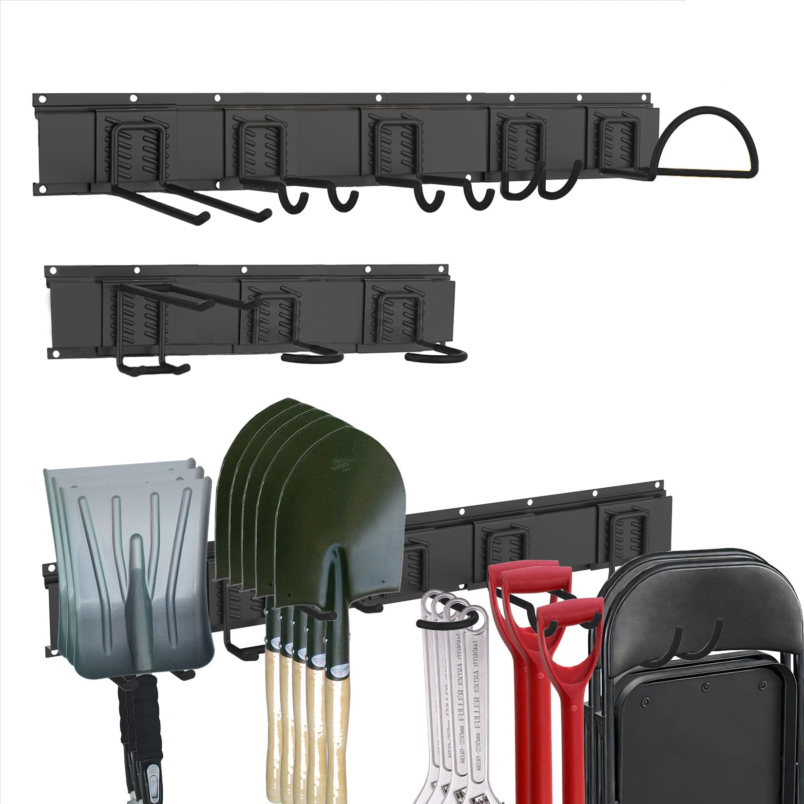 Garage Tool Organizer Wall Mount, 64 Inch Heavy Duty Garden Tool Organizer Storage System, Easy Install with 8 Adjustable Bike Hooks, for Garage, Basement, Shed, Workshop, Black, Steel