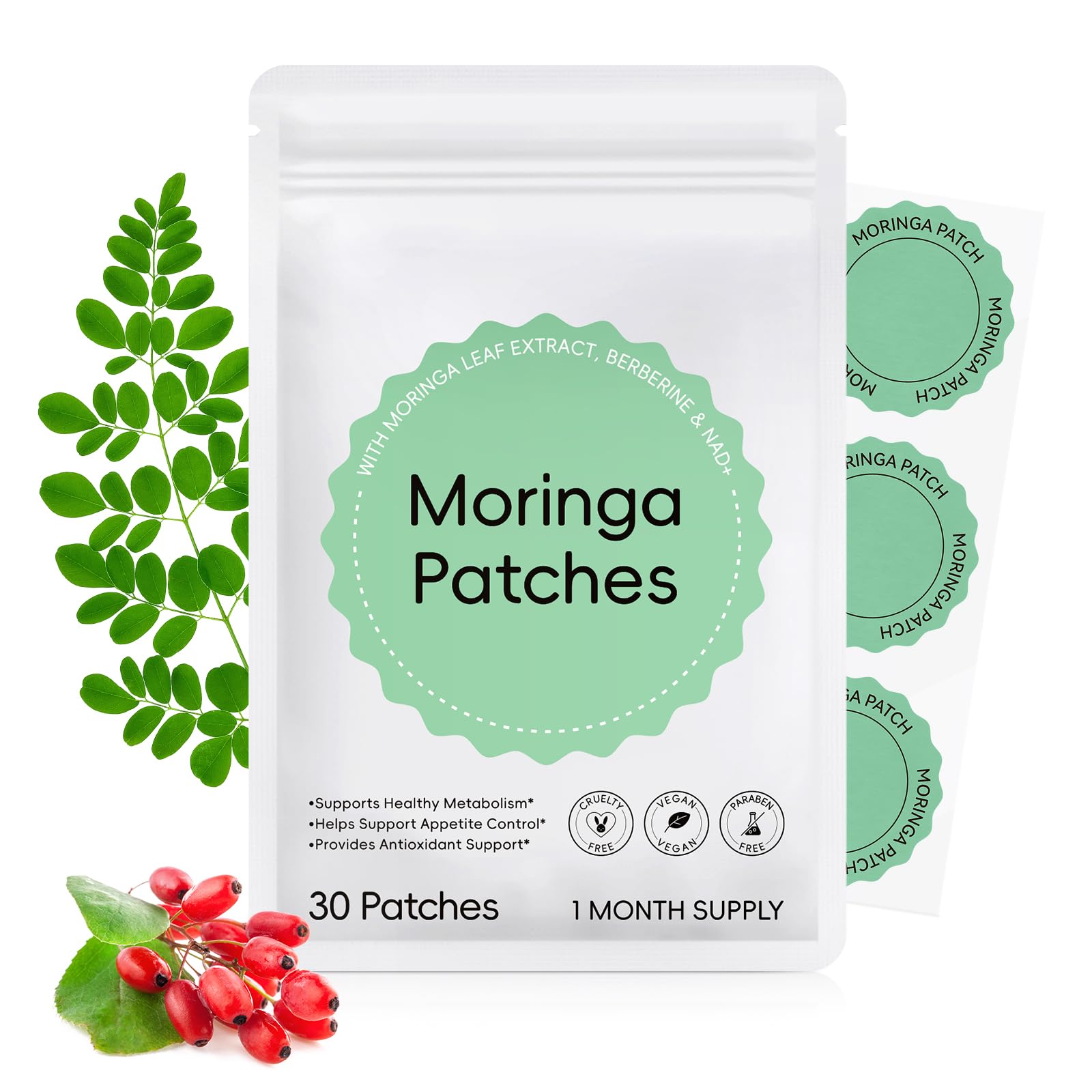 Moringa Patches, Moringa Berberine NAD Patches for Women and Men - Gentle Formula for All Skin - 30Patches