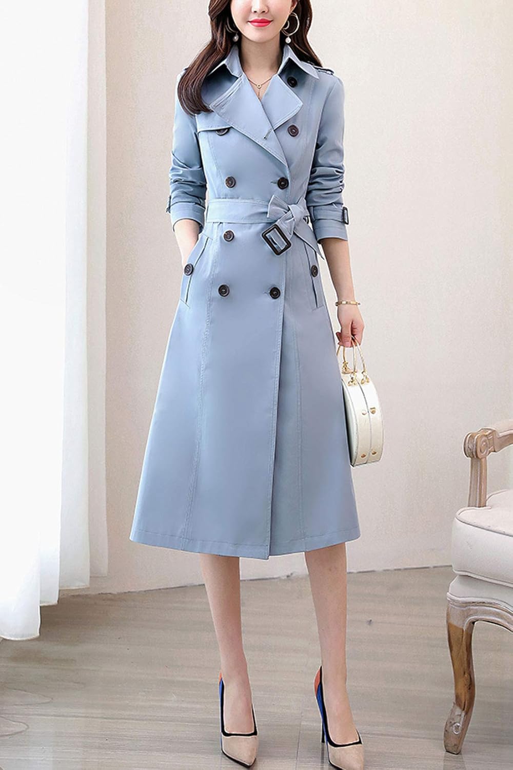 ebossy Women's Classic Double Breasted Midi-Length Trench Coat with Belt - Image 2
