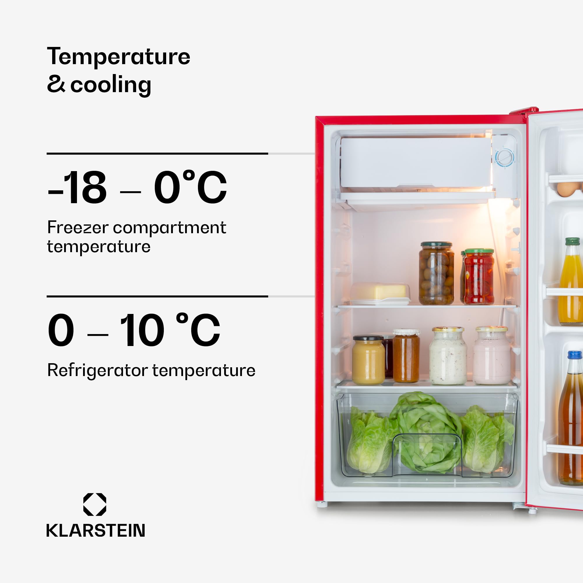 Klarstein Beercracker – Lodówka 90 litrów, Pojemność: 90 l, Klasa energetyczna E, Zamrażalnik, Szuflada na warzywa, 3 półki na drzwiach, Otwieracz do butelek w urządzeniu, 2 szklane półki, Czerwona