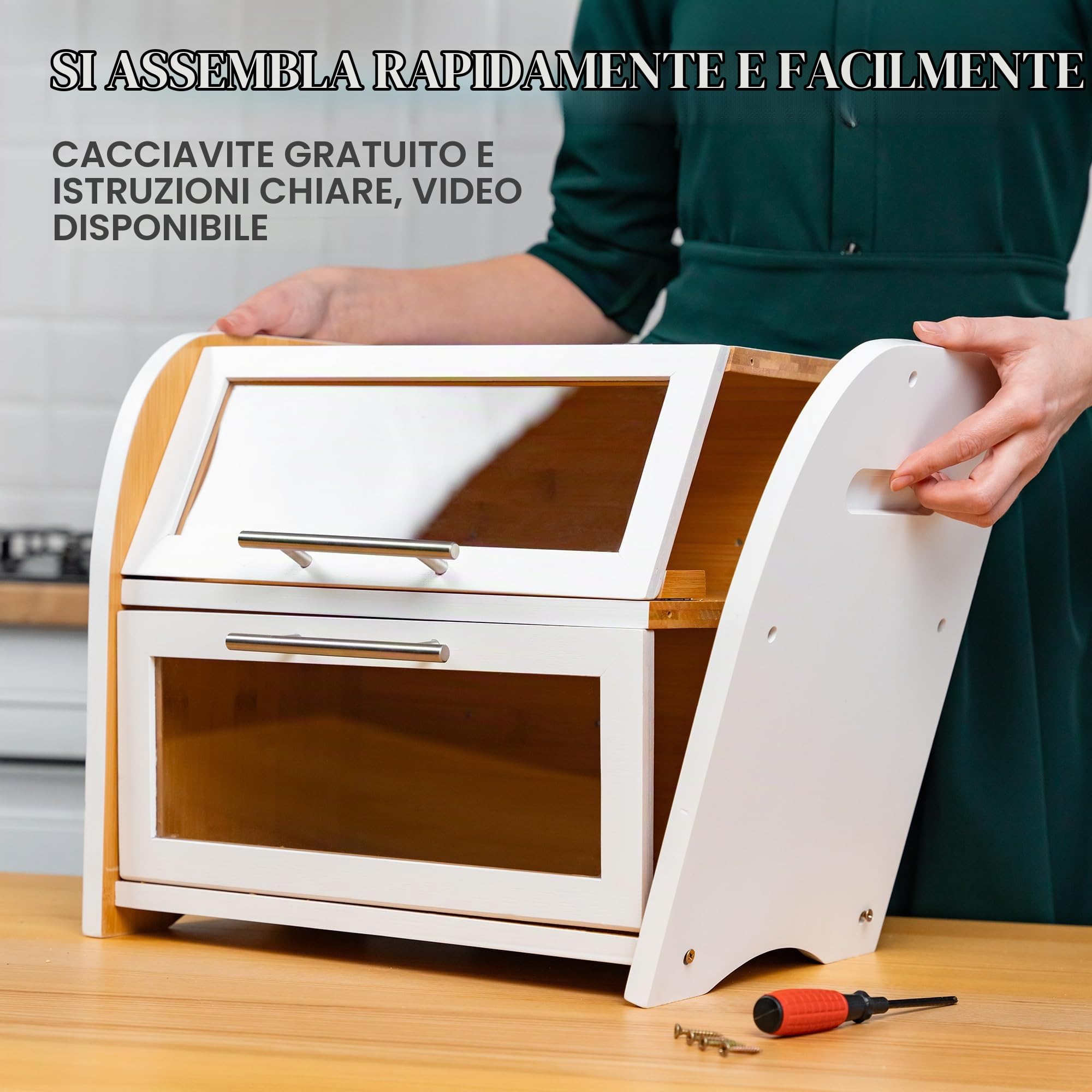 Apace Living Elegante Portapane in per Cucina, Cesta in Legno per Pane Extra-large 2 Ripiani con Vetrine Trasparenti e Prese d’Aria per Mantenere Freschi Pane e Dolci 40 x 26 x 37