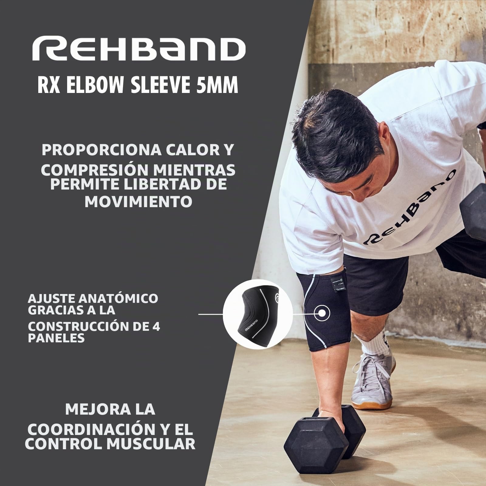 Rehband codera de SBR/neopreno de 5 mm, elbow sleeve para deportes de fuerza, diseño anatómico, antideslizante y ajuste ceñido para mujer y hombre, Color:Carbon/Negro, Talla:L