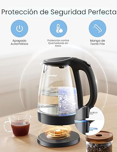 Miniatura 5 de COMFEE' Hervidor eléctrico, hervidor de agua caliente de 1.7L, hervido rápido de 1500W, hervidor de té eléctrico de vidrio con indicador LED, negro