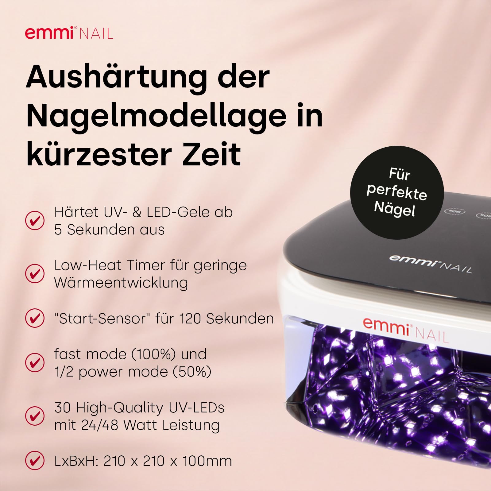 Emmi-Nail LED Lampe Akku White, UV/LED Nagellampe für Gelnägel, 24/48 Watt | Kabelloses UV/LED Lichthärtungsgerät für Gele & Lacke, 30 LEDs, Timer, Start-Sensor, Low-Heat & abnehmbare Bodenplatte
