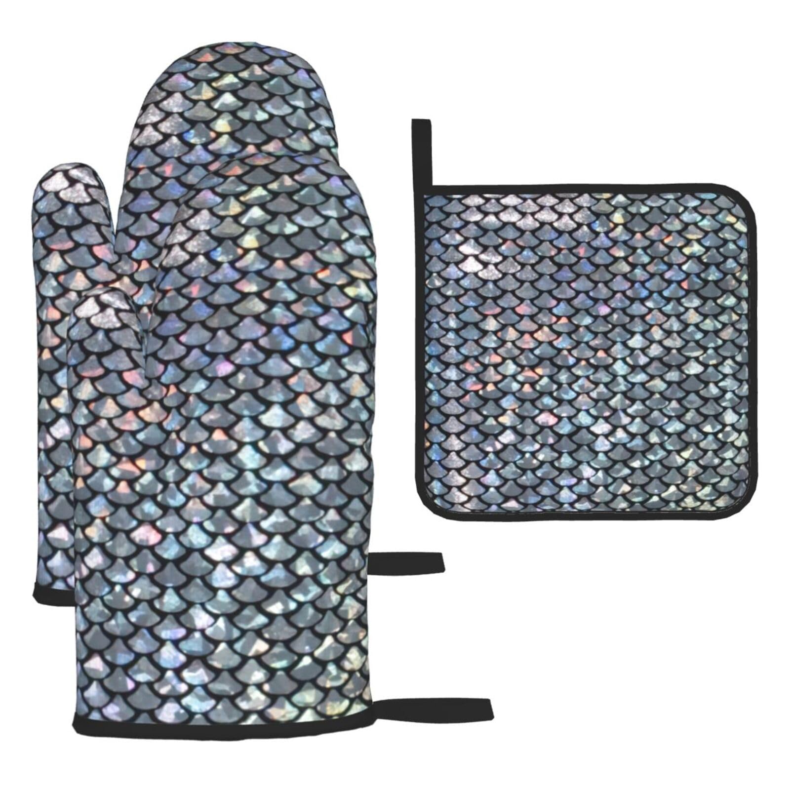 Yyoretp Black Silver Fish Scale Print Oven Mitts And Potholders Bbq Gloves-Oven Mitts And Pot Holders For Cooking Baking