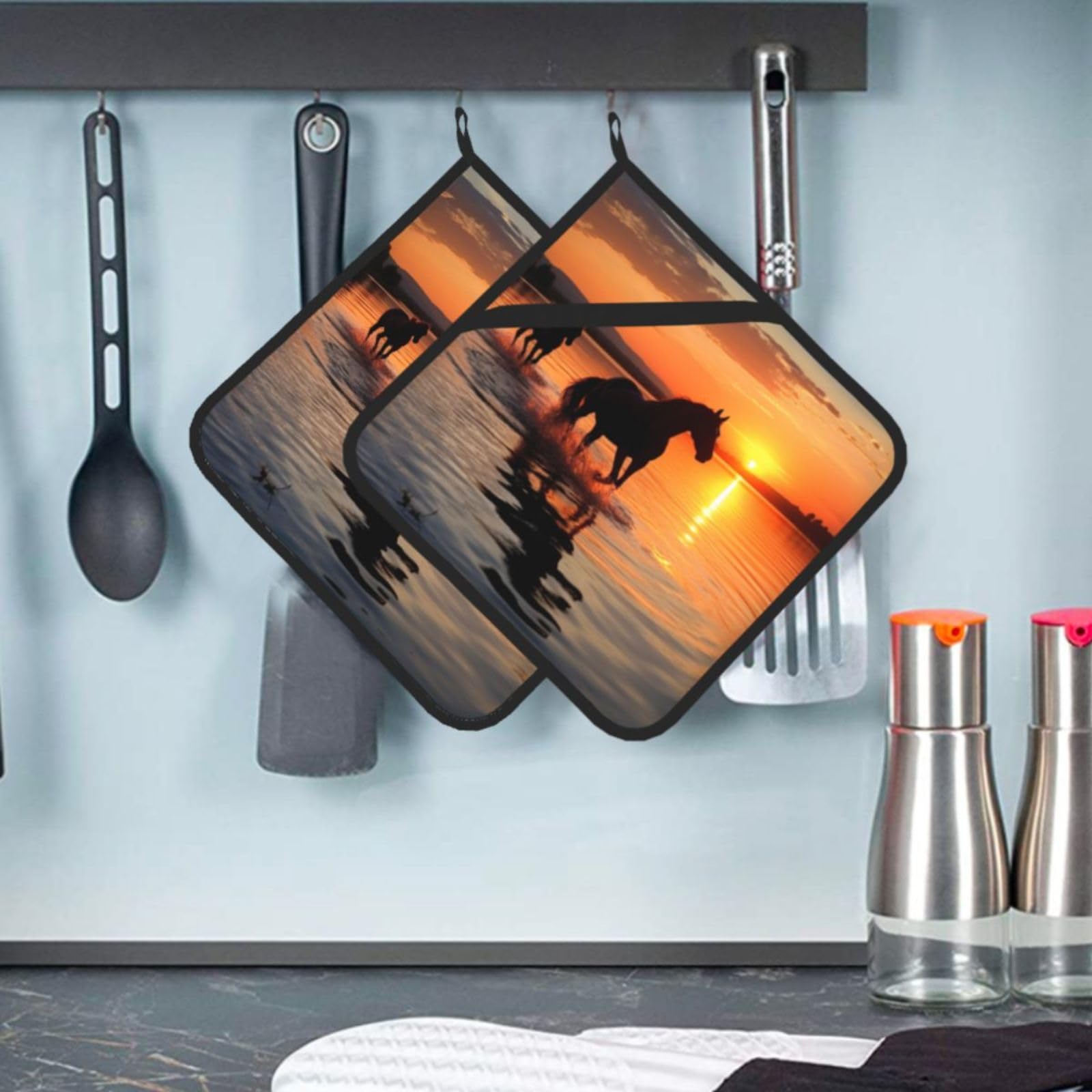 2 Pcs Pot Holders for Kitchen Heat Resistant Cotton Potholers Sunsets Lake Horses Oven Hot Pads for Microwave Cooking Baking BBQ