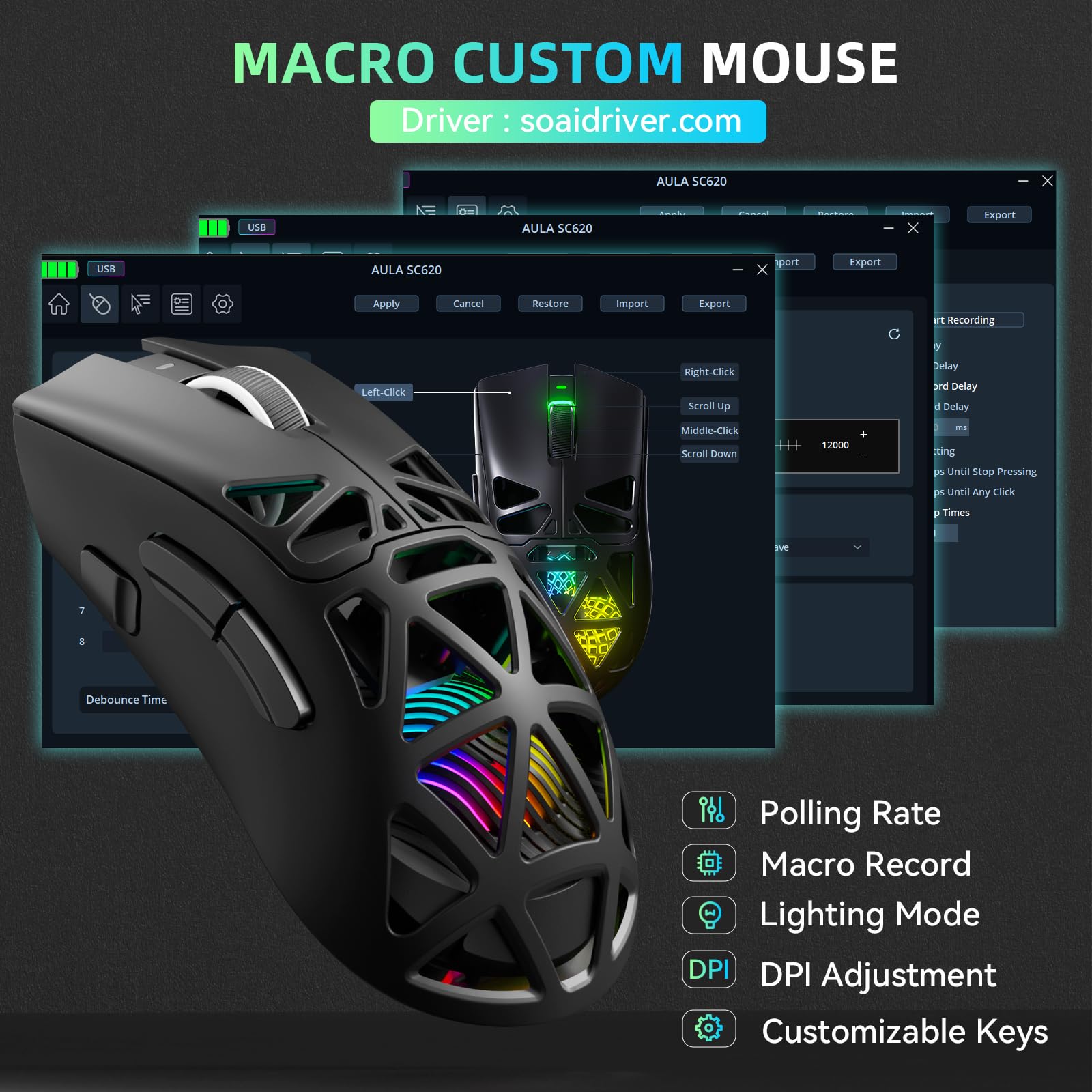 AULA SC620 Kabellose Gaming Maus, PixArt PAW3311-Sensor, 12000DPI, 8KHz, 67g, RGB, Schwarz