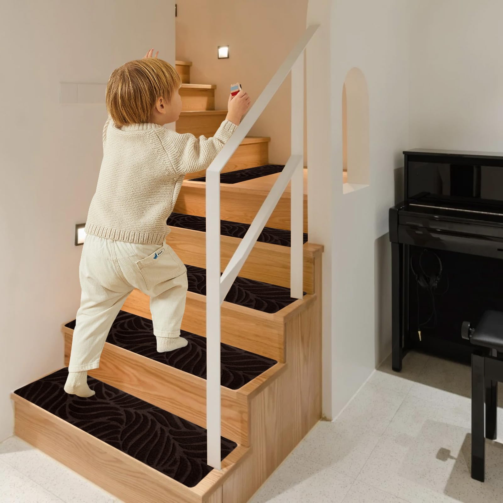 15 alfombrillas autoadhesivas para peldaños para escaleras, antideslizantes, autoadhesivas, para interiores, para niños, ancianos y mascotas (café-A, 76 x 20 cm)