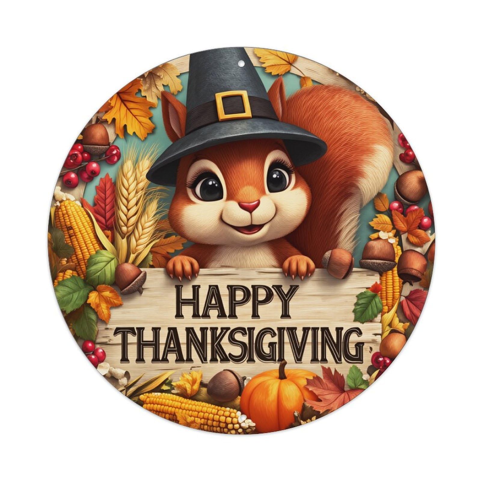 Happy Thanksgiving Squirrel Autumn Harvest Round Tin Sign Vintage Metal Poster, Home Bar Garage Man Cave Cafe Indoor & Outdoor Wall Decoration 8x8Inches