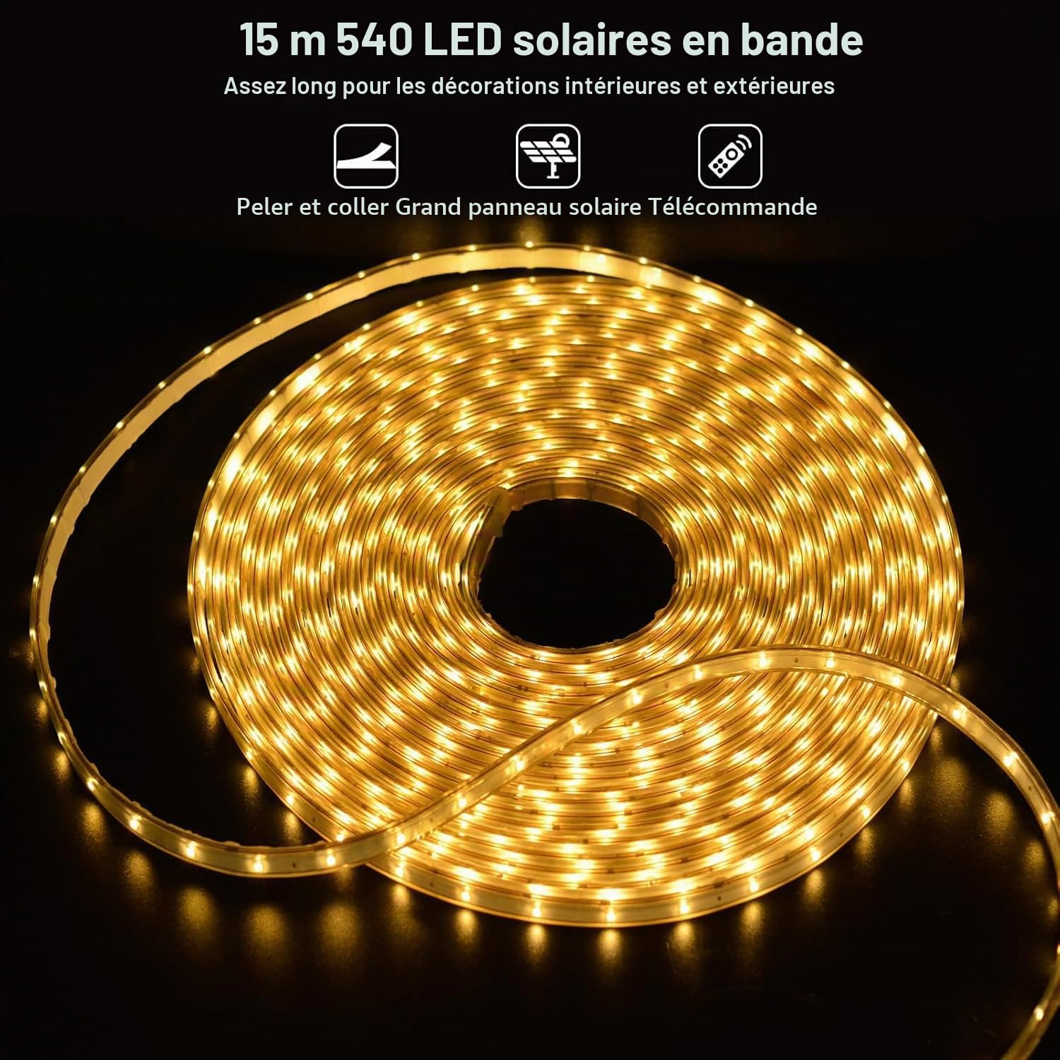 DBFAIRY 15M Ruban LED Solaire Extérieur, 540 LEDs Bande LED IP68 Étanche, Bande LED solaire avec Télécommande, Minuterie, pour Jardin, Terrasse, Balcon (Blanc Chaud)