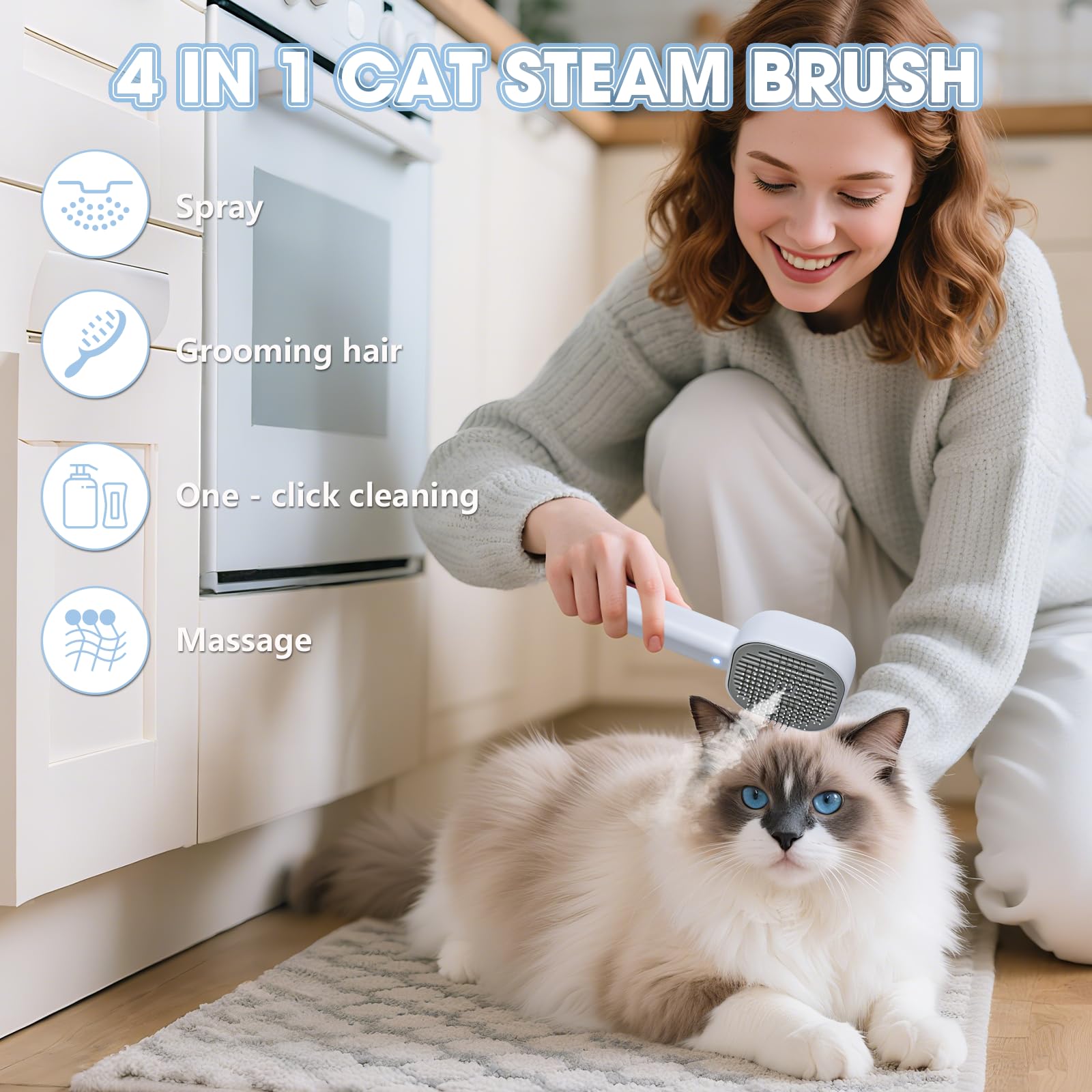 Cozary 4 in 1 Spazzola a Vapore per Gatti e Cani con Pulsante di Rilascio,Ricaricabile Spazzola Vapore con Lampada Antifungina per Massaggi Cura Depilazione,per Peli Lunghi e Corti Gatti Cani Conigli