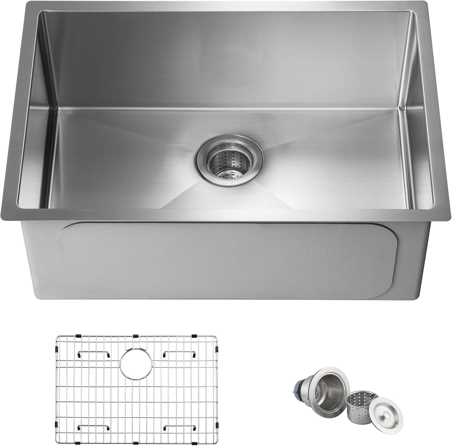 KIBI 26″ Undermount Stainless Steel Kitchen Sink Single Bowl Workstation, Handcrafted | 16-Gauge 304 Stainless, Deep 10″ Bowls, Bottom Grid & Basket Strainer Included | Modern Undercounter Prep Sink