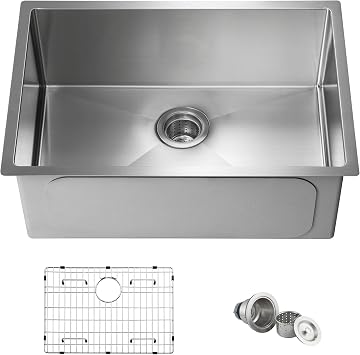 KIBI 26 Undermount Stainless Steel Kitchen Sink Single Bowl Workstation, Handcrafted | 16-Gauge 304 Stainless, Deep 10 Bowls, Bottom Grid & Basket Strainer Included | Modern Undercounter Prep Sink