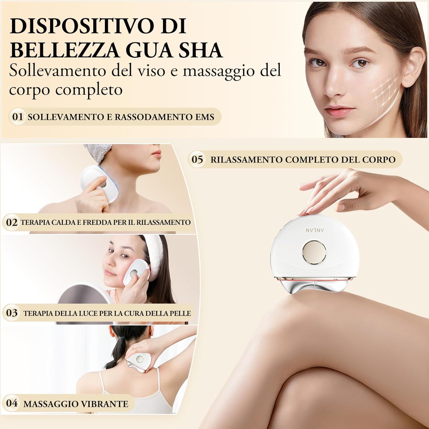 ANLAN Gua Sha Viso Elettrico per Massaggio Viso e Corpo，Massaggiatore Lifting Viso Lenisce e Rilassa, Rassoda la Pelle, Riduce il Gonfiore e il Doppio Mento e Migliora le Linee del Viso
