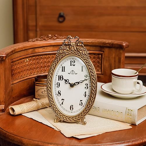 Miniatura 2 de NIKKY HOME Reloj de mesa dorado silencioso sin tictac, pequeño estante de escritorio, funciona con pilas, decoración clásica del hogar para