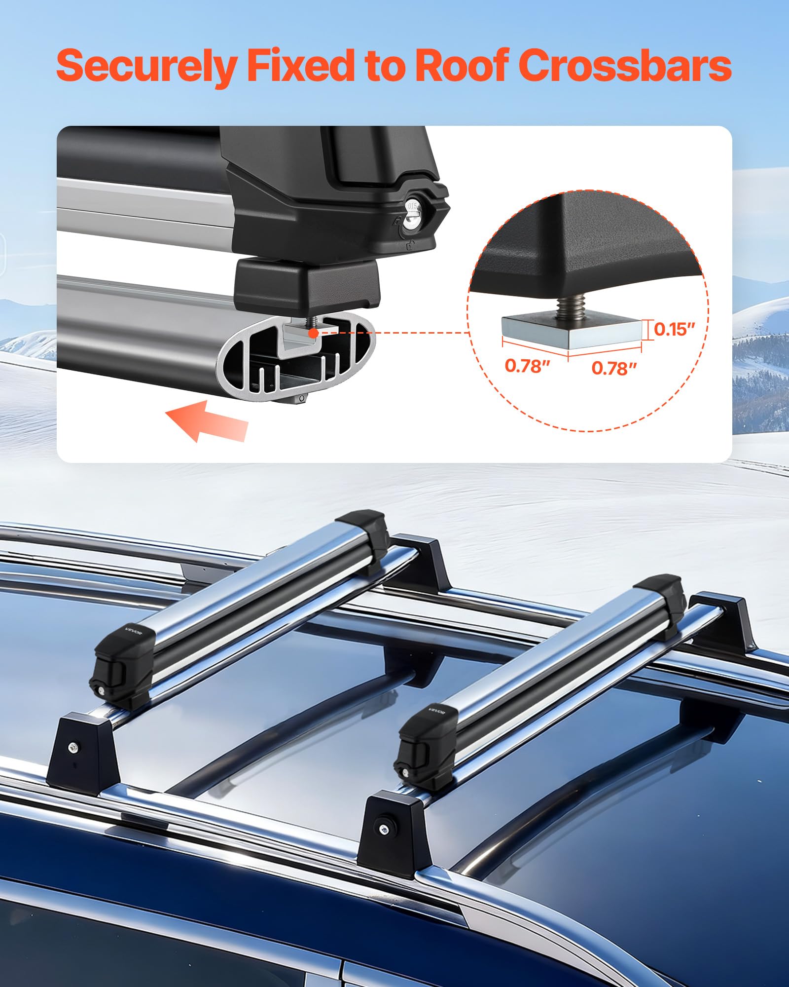 VEVOR Portaequipajes de Techo, para hasta 6 Pares de Esquís/4 Tablas de Snowboard, con Cerradura con Acolchado de Goma, para Transportar Cañas de Pescar y Patinetas, 915 x 85 x 100 mm, Negro