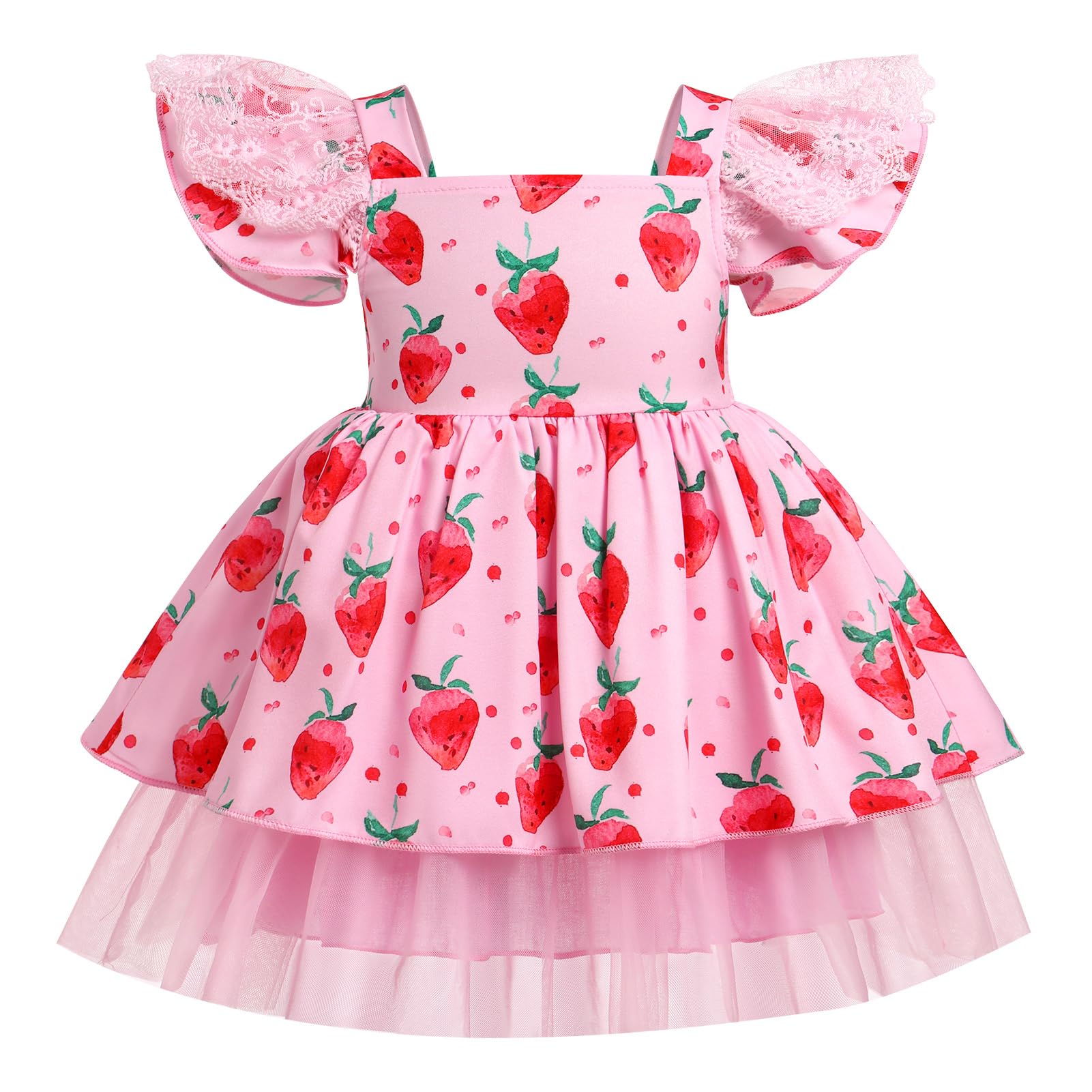 Kids Girls Strawberry Print Ruffle Tulle Tutu Dress for Toddler Lace Flutter Sleeve Square Neck Strawberry Birthday Party Dresses 1st 2nd 3rd 4th 5th 6th 7th 8th Cake Smash Outfits Pink 2 12-18 Months