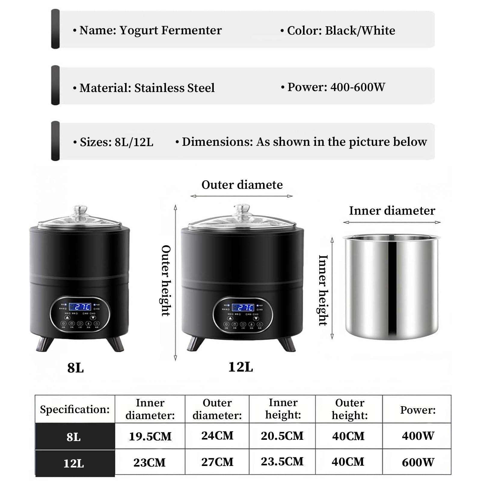 Yogurt Maker commerciale 12L con controllo del tempo e della temperatura, pannello touch, per yogurt, pasta madre, macedonia e altro