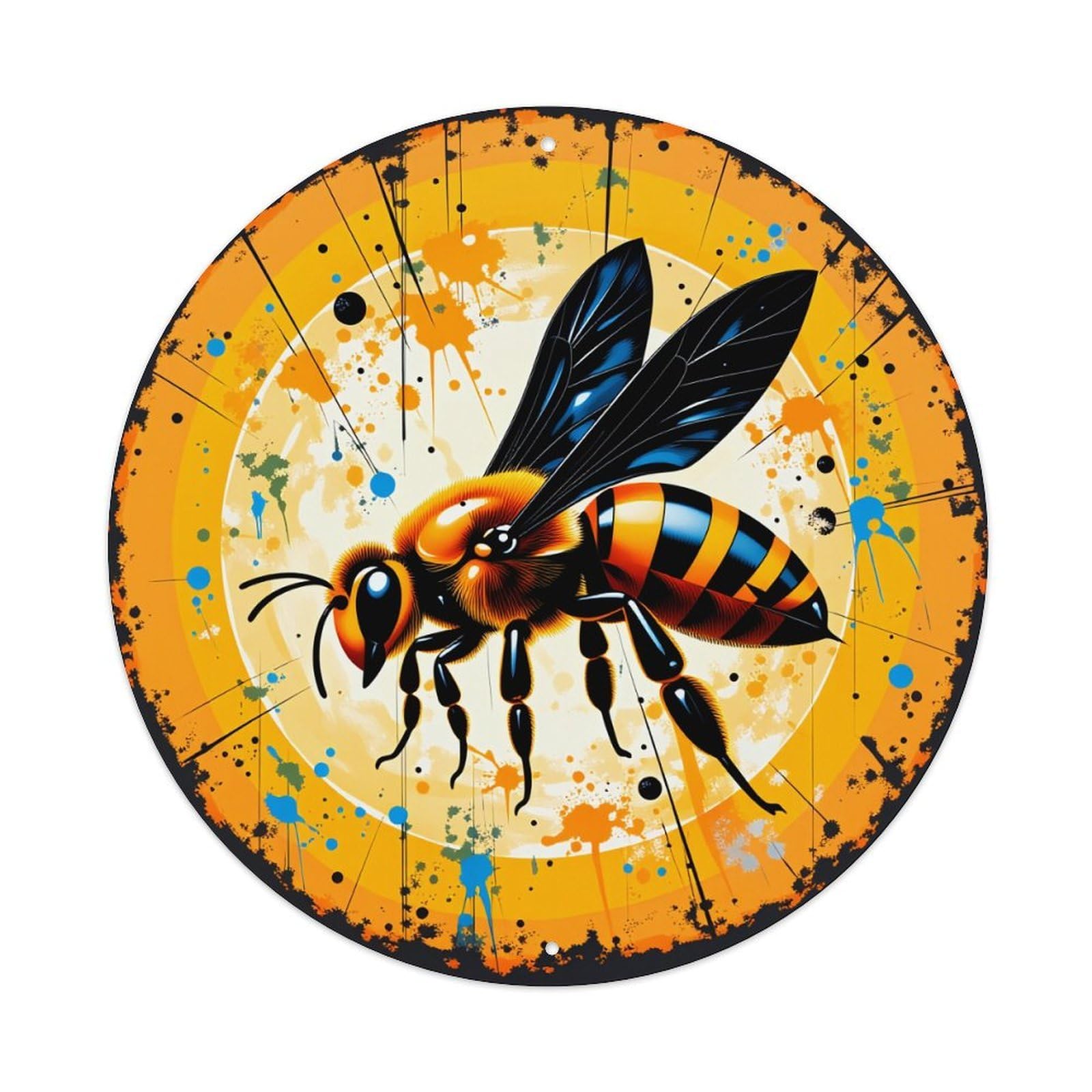 Bee Art Abstract Splash Design Vintage Metal Tin Sign Retro Wall Decor for Home Bar Garage Cafe, Indoor & Outdoor Decorative，circle Metal Poster, 8x8 Inch