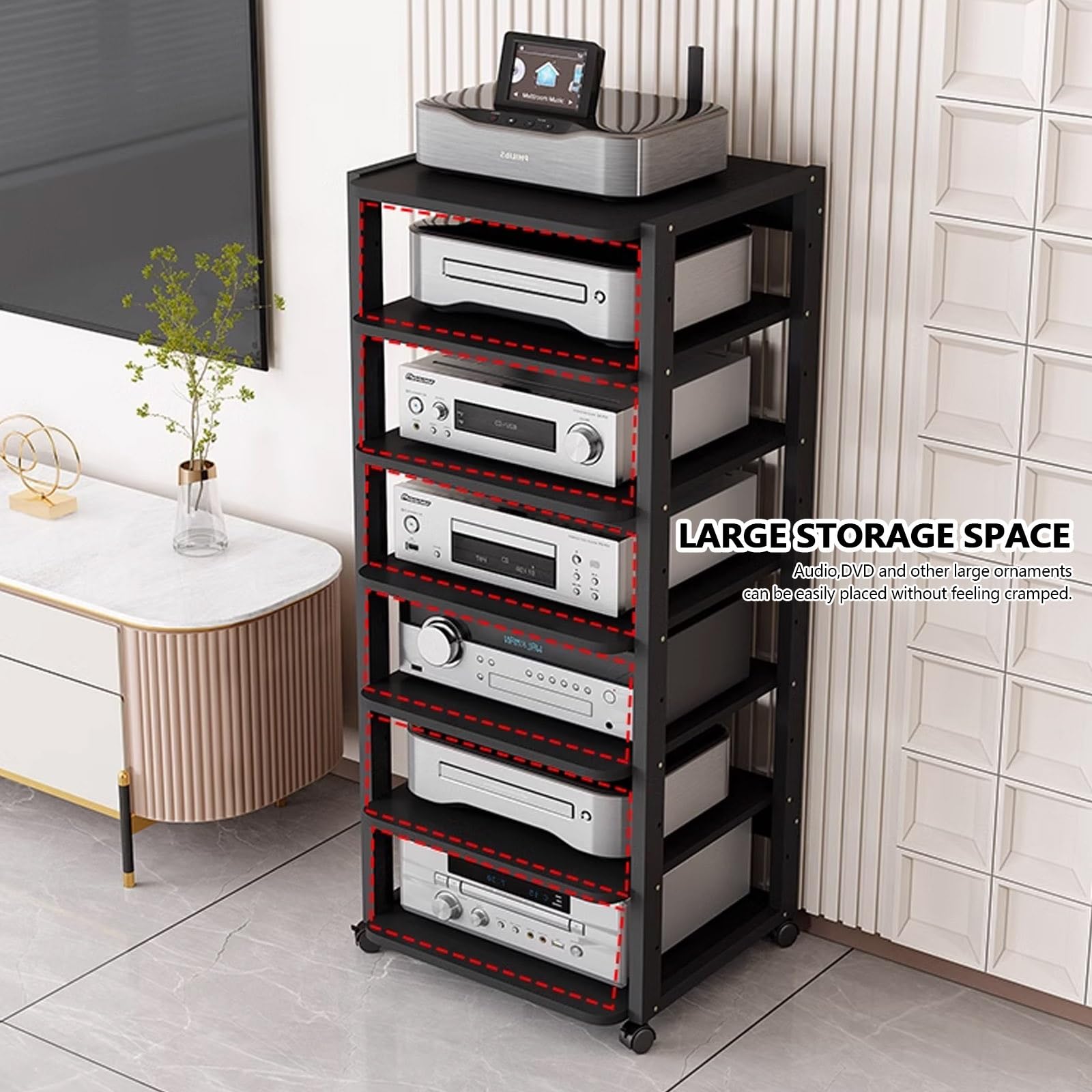 Moderno supporto audio video per camera da letto e soggiorno, scaffale multi-strato, supporto girevole con contenitore, mensola per proiettore, organizer per amplificatori.