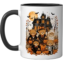 Funny Halloween Teddy Bears Haunted House Ghost Pumpkin Ceramic Mug, Black/White, 11oz