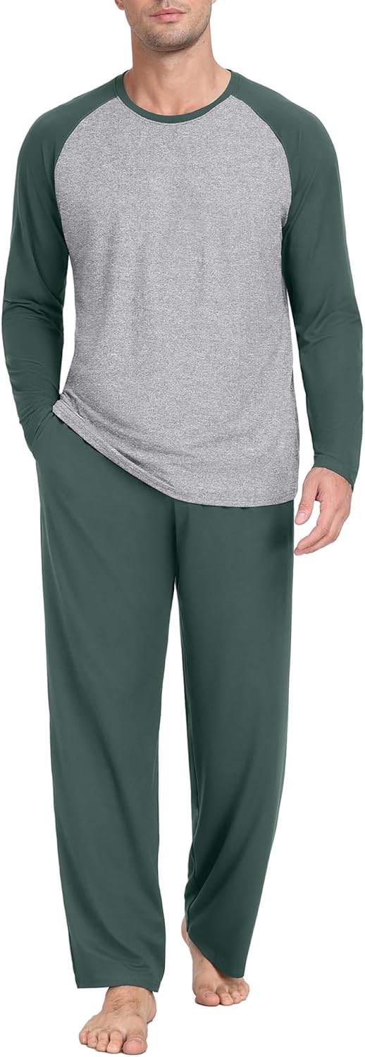 Langes Pyjama -Set von Prinstory Herren, Crew -Hals, Langarm -Oberteile und Pyjama -Unterteile mit Taschen, Nachtwäsche, Freizeitanzug